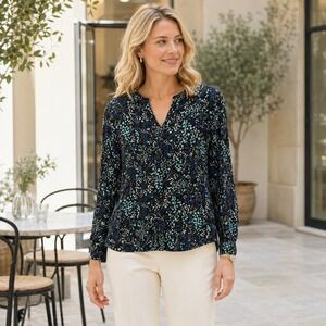 Tom Tailor Floral Blouse Size 40 Medium Navy Blue Top Long Sleeve Career Office